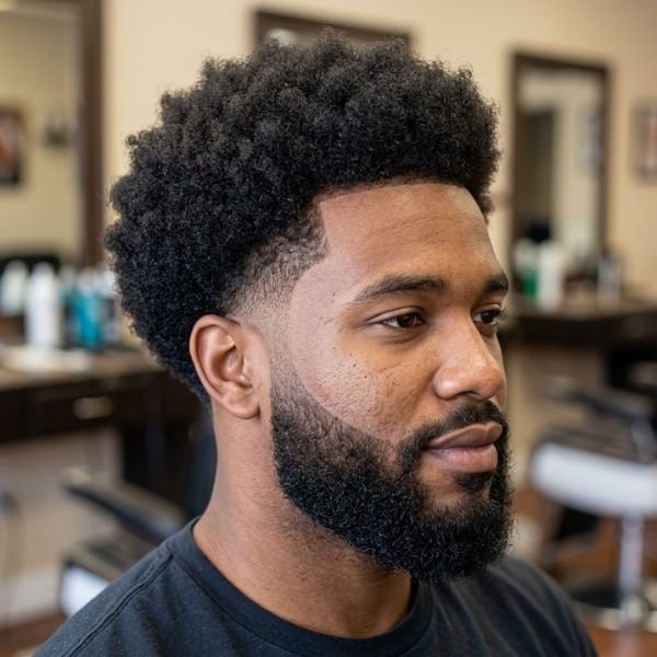 17. Mid Taper Fade Afro With Beard
