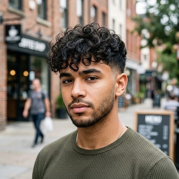 Low Taper Fade Textured Fringe for Curly Hair