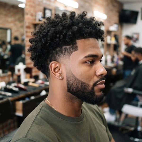 10. Curly Burst Fade with Beard