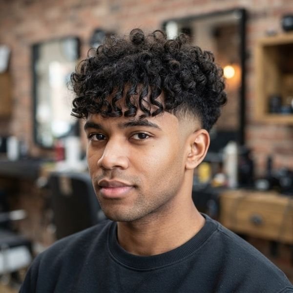 13. Curly Burst Fade with Fringe