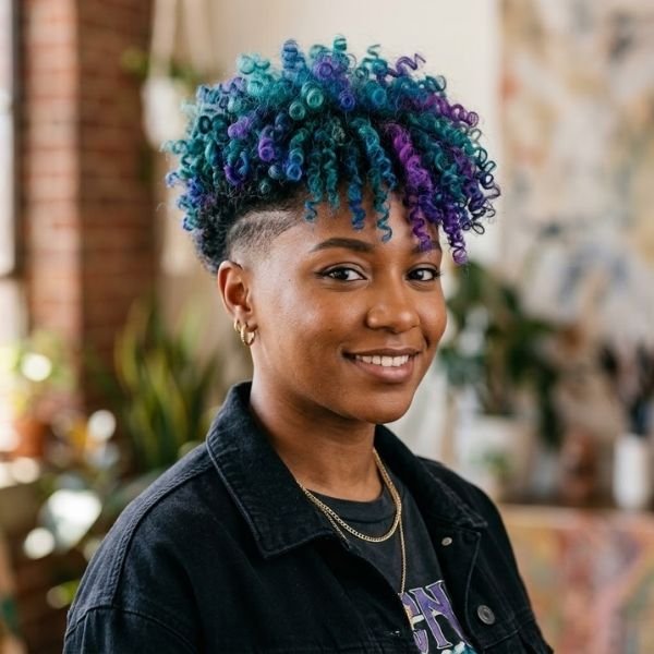 14. Dyed Curls with Mid Taper Fade