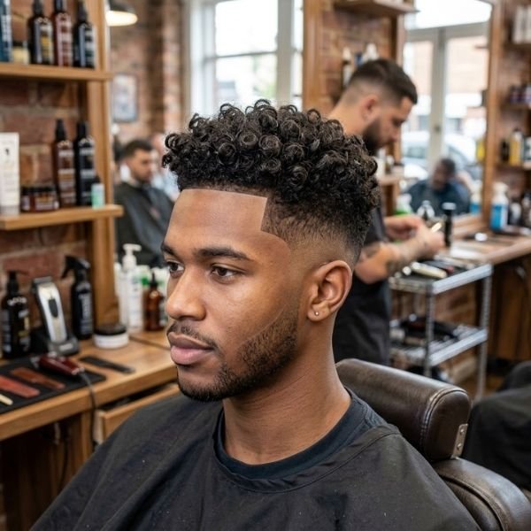 15. Curly Top Fade with Line Up
