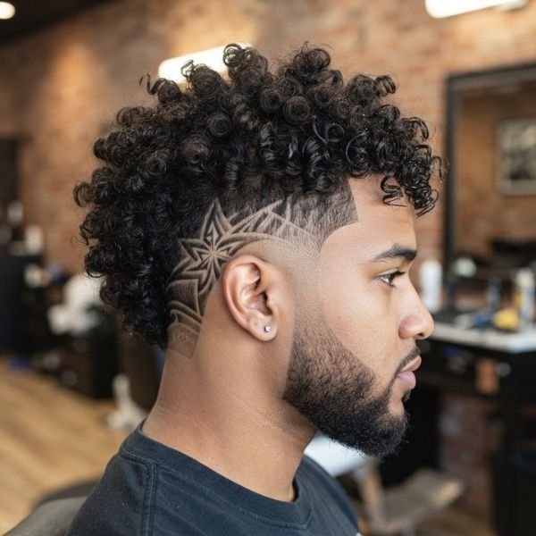 16. Curly Burst Fade with Design