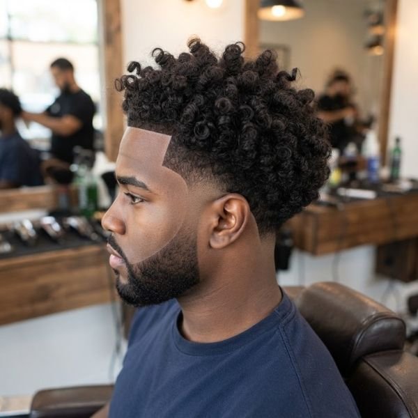 17. Curly Burst Fade with Line Up