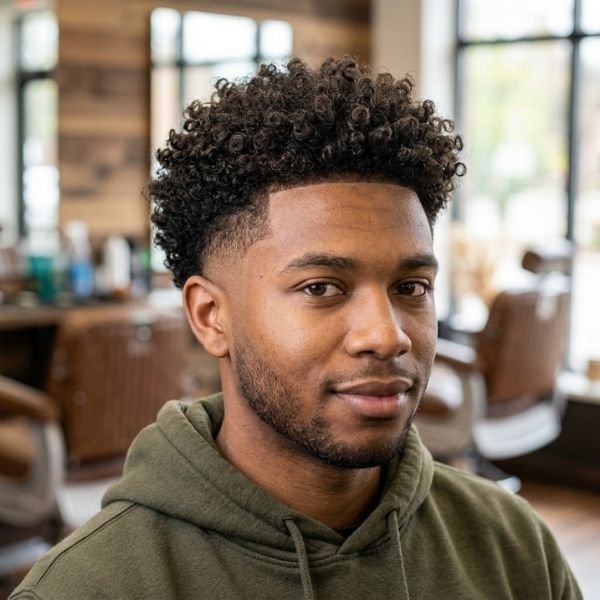17. Natural Curls with Mid Taper Fade