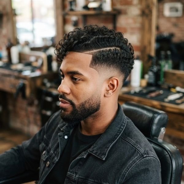 18. Curly Burst Fade with Side Part