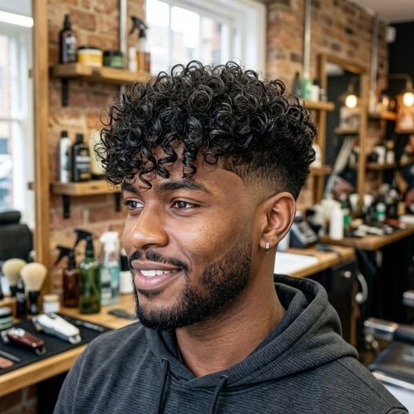 2. Curly Fringe with Mid Taper Fade