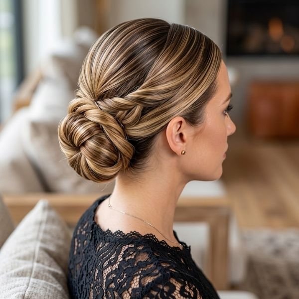 22. Slicked-Back Updo on Highlighted Hair