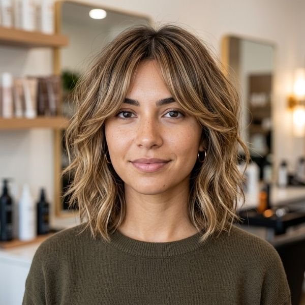23. Textured Bob with Soft Curtain Fringe