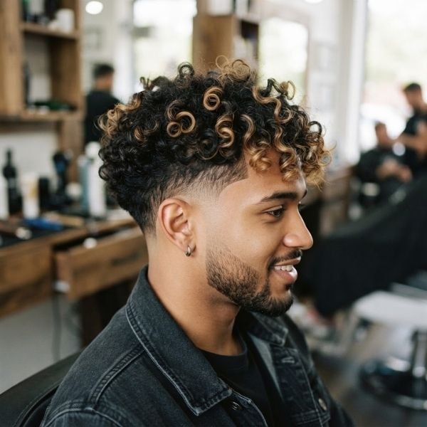 26. Curly Burst Fade with Highlights