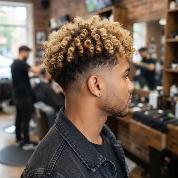 27. Curly Burst Fade with Blonde Curls