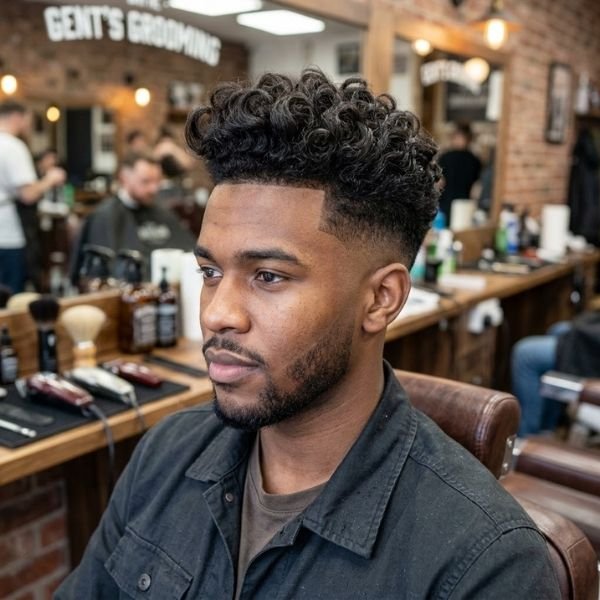 3. Curly Quiff with Mid Taper Fade
