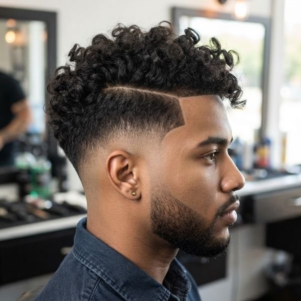 30. Curly Burst Fade with Hard Part