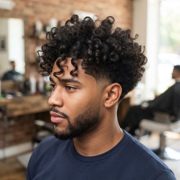 31. Curly Burst Fade with Volume
