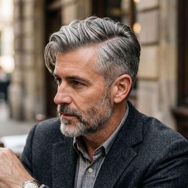 6. Hard Part Comb Over on Gray or Two-Tone Hair