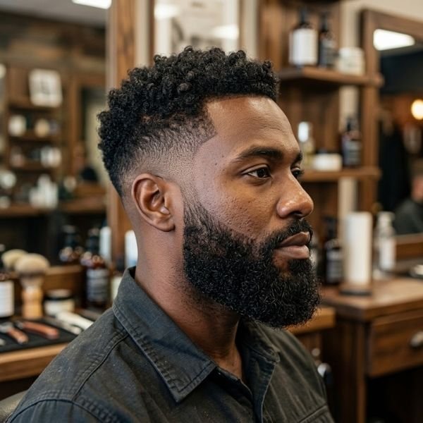 7. Curly Beard Connect with Mid Taper Fade