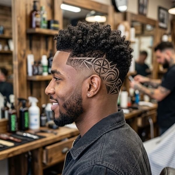 9. Curly Mid Taper Fade with Design