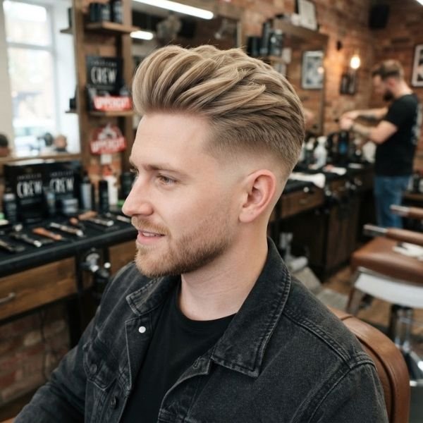 Blonde Low Taper Fade Quiff Haircut