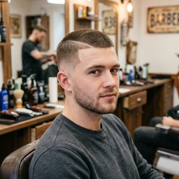 Buzz Cut with Hard Part and Low Taper Fade