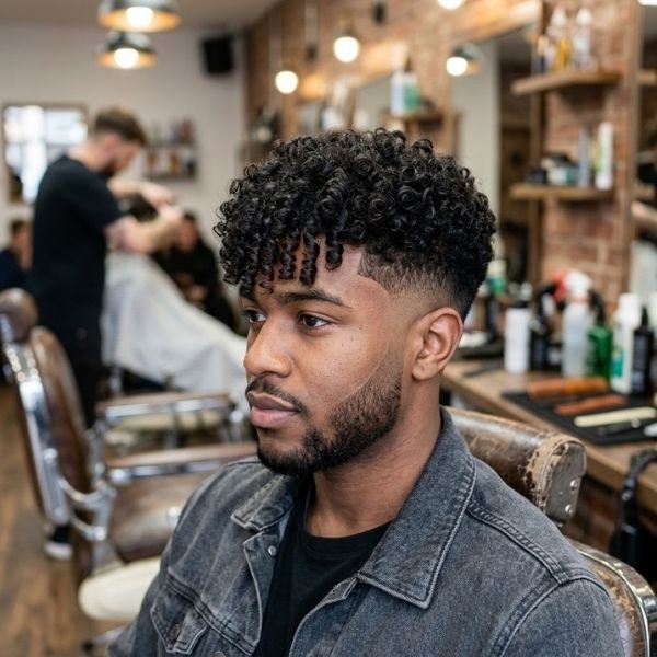 Curly Fringe with Low Taper Fade