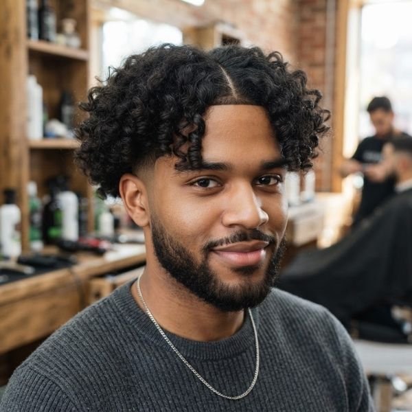 Curly Hair Low Taper Fade Middle Part