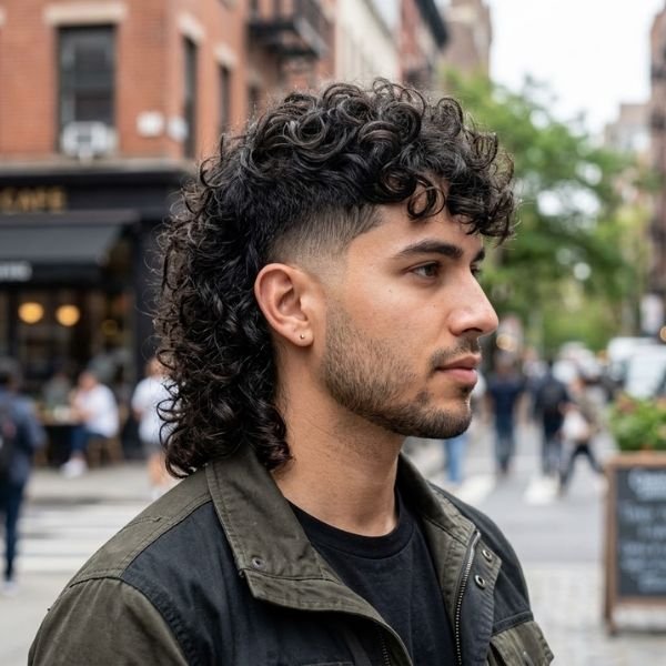 Curly Low Taper Fade Modern Mullet Haircut