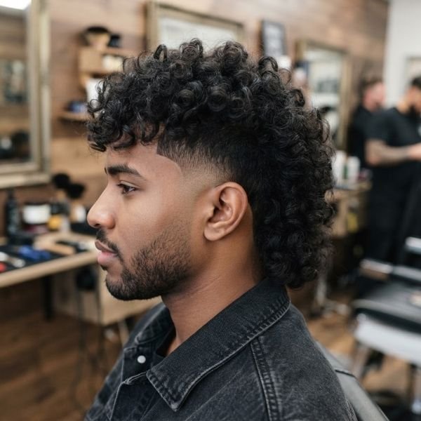 Curly Mid Taper Fade Mullet