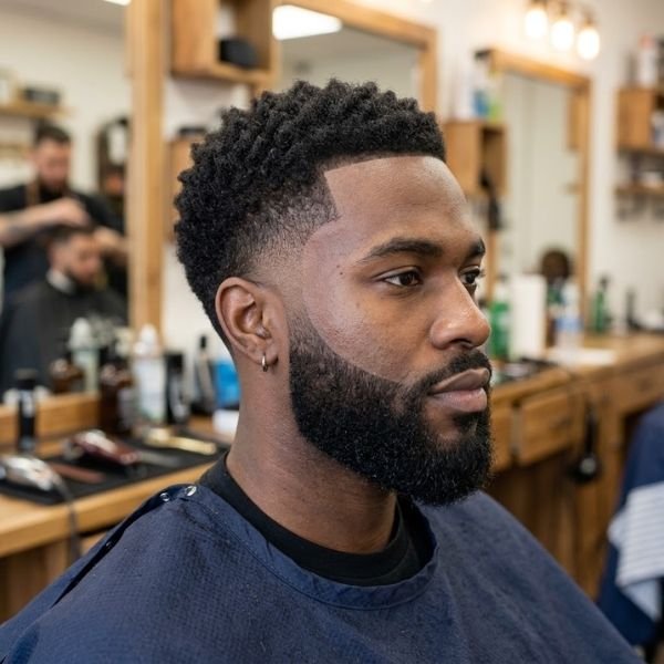 Low Taper Fade Black Haircut with Beard