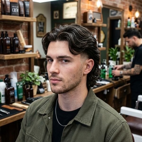 Low Taper Fade Modern Mullet with Middle Part