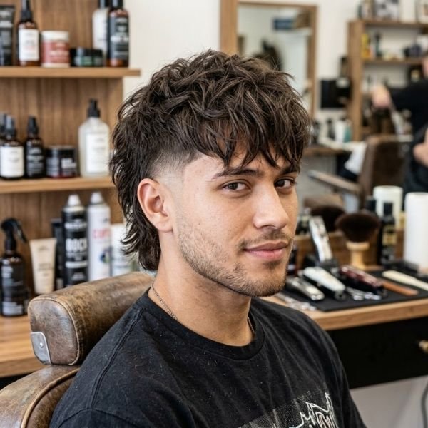 Low Taper Fade Modern Mullet with Textured Fringe