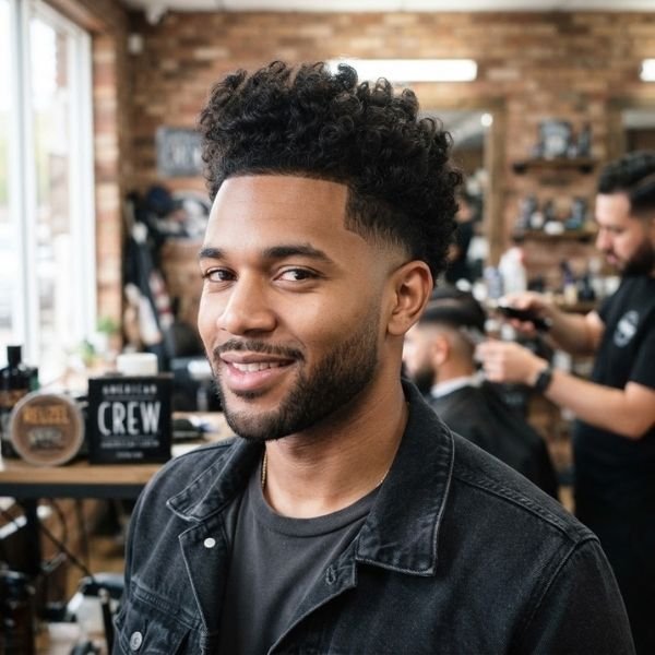 Low Taper Fade Quiff for Curly Hair