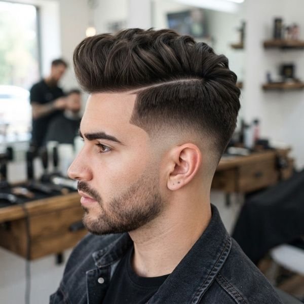 Low Taper Fade Quiff with Hard Part