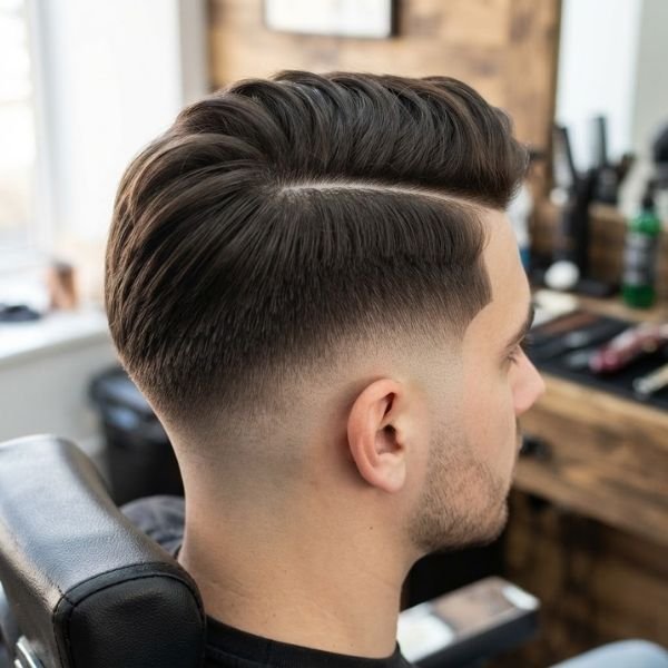 Low Taper Fade Side Part with Hard Part