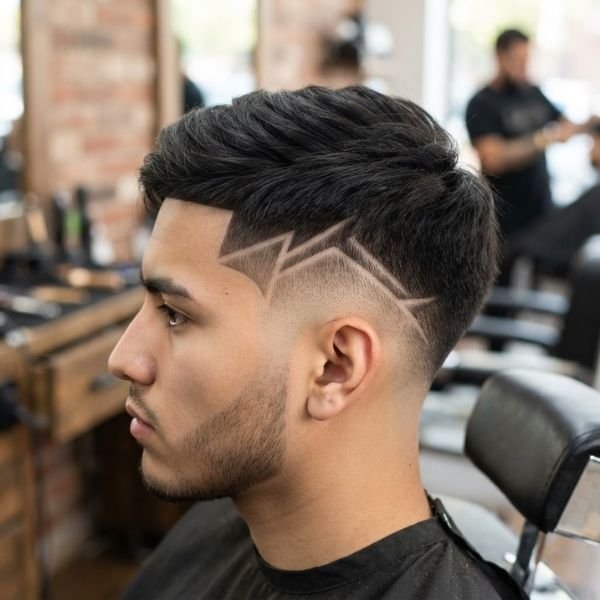 Low Taper Fade Straight Hair with Design
