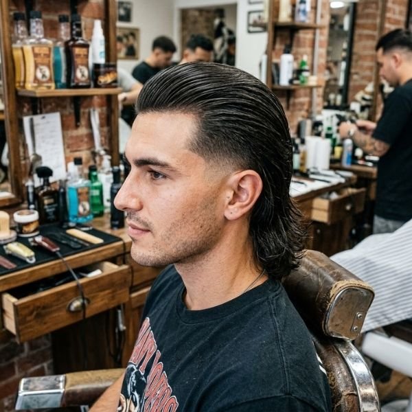 Slick Back Low Taper Fade Modern Mullet Haircut