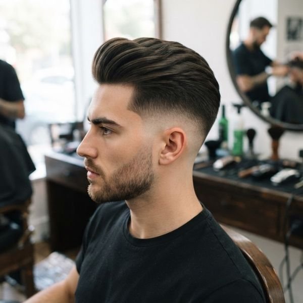 Straight Smooth Quiff with Mid Skin Fade