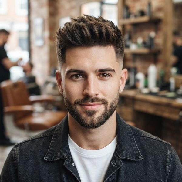 Youthful Short Quiff with Drop Fade and Beard